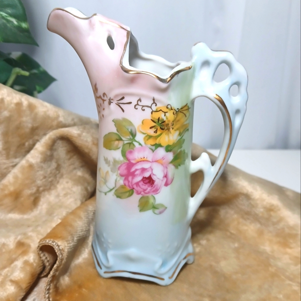 Vintage Shabby Chic Creamer/ Hat Pin Holder Roses Handpainted RS Prussia